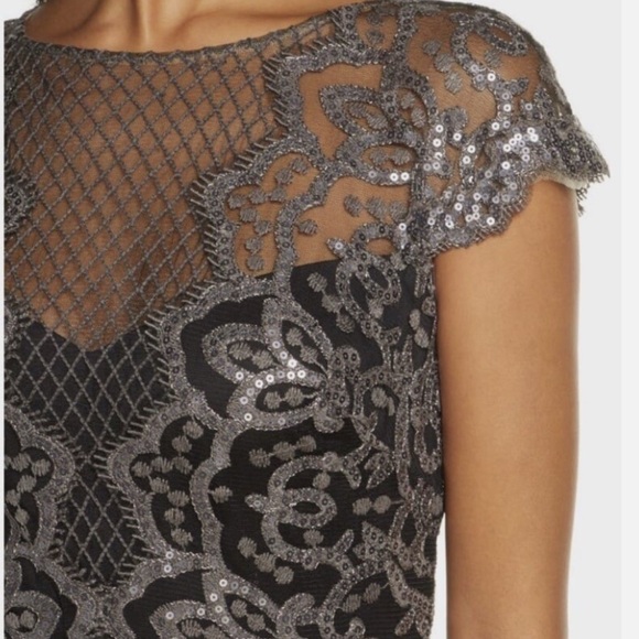 Tadashi Shoji Sequin Lace Body-Con Cocktail Dress Silver Black Size 8 - Picture 4 of 12
